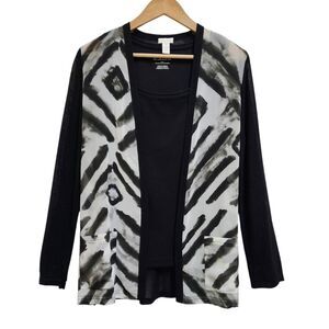 Chico's 2 Pc Cardigan Tank Top Set Womens L Black White Zebra Print Sheer Open